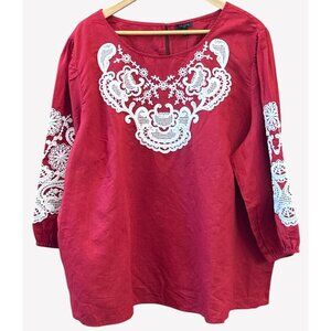 NWT Talbots Plus 3X Red Embroidered Tunic Peasant Blouse Boho Festival Cottage